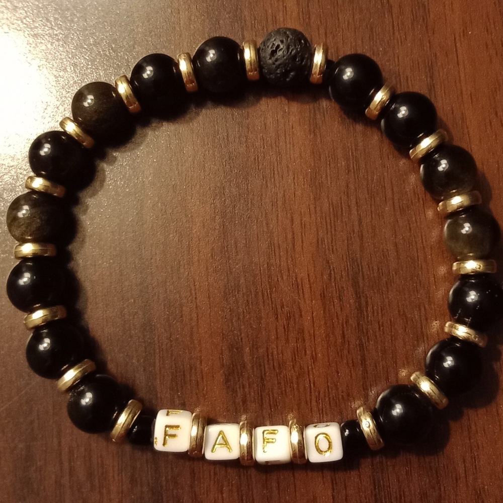 #FAFO Gold Letters and Gold Obsidian Stretch Bracelet.
